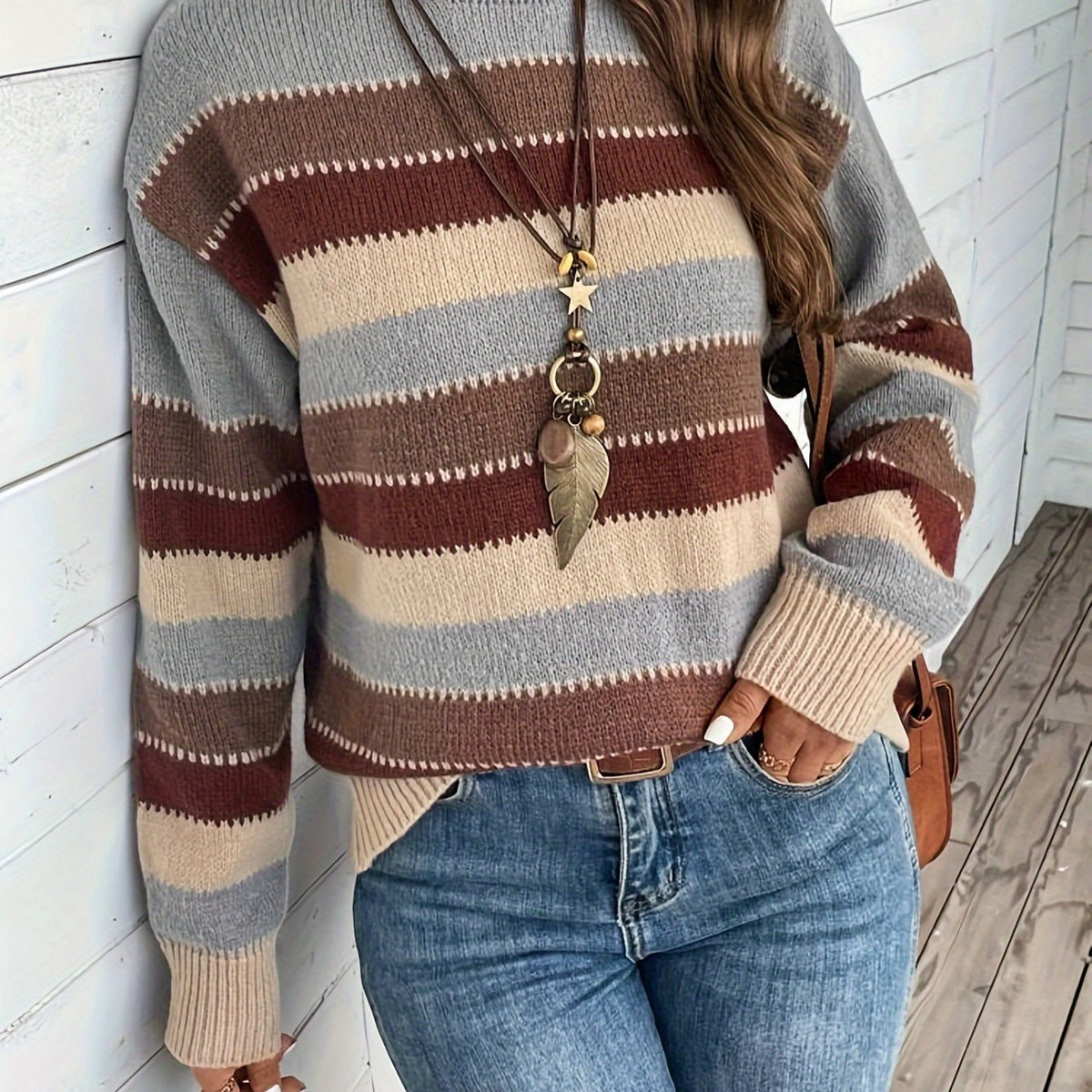 Damen Pullover mit gestreiftem Design und Rundhalsausschnitt - 1 - Annoboutique
