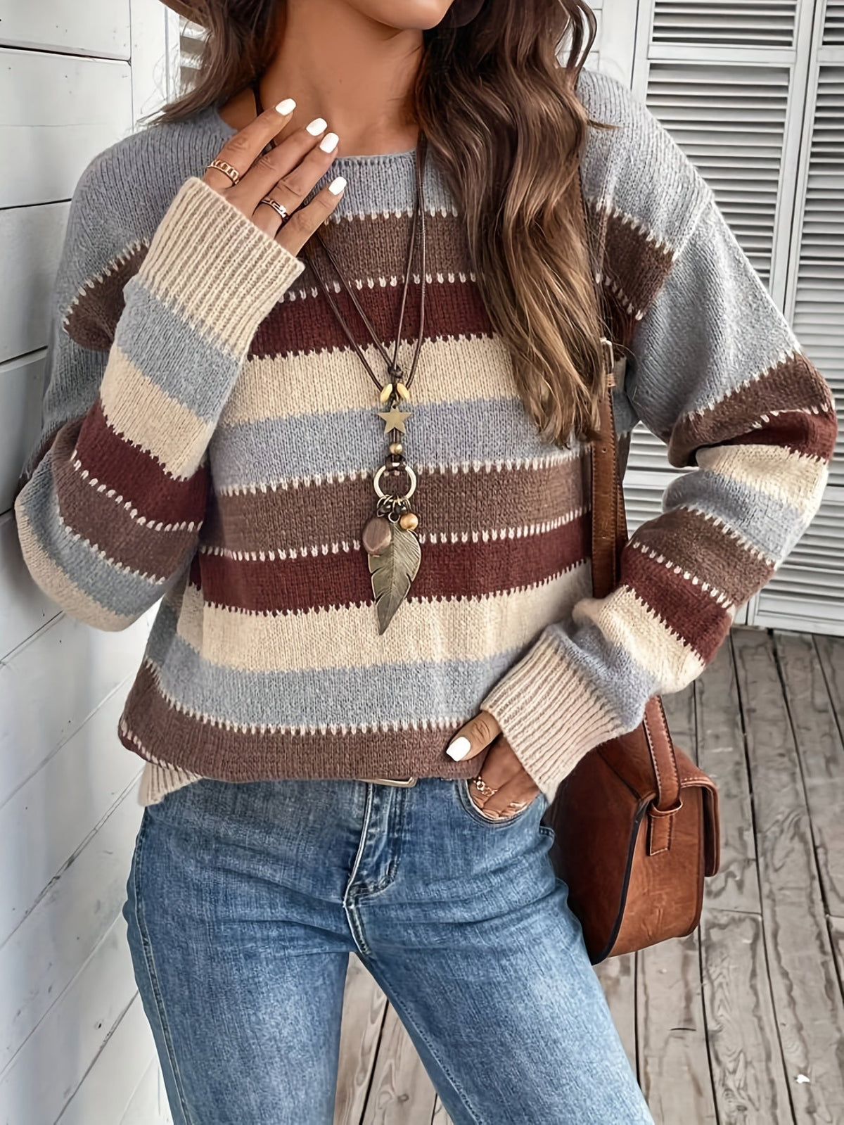 Damen Pullover mit gestreiftem Design und Rundhalsausschnitt - 2 - Annoboutique