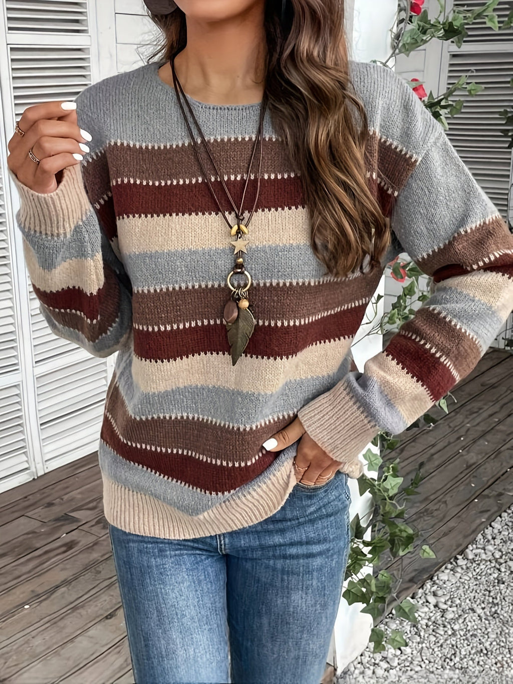 Damen Pullover mit gestreiftem Design und Rundhalsausschnitt - 4 - Annoboutique