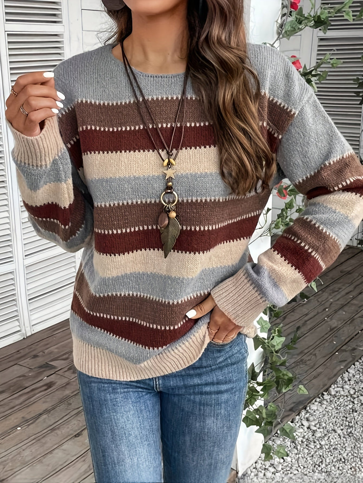 Damen Pullover mit gestreiftem Design und Rundhalsausschnitt - 4 - Annoboutique