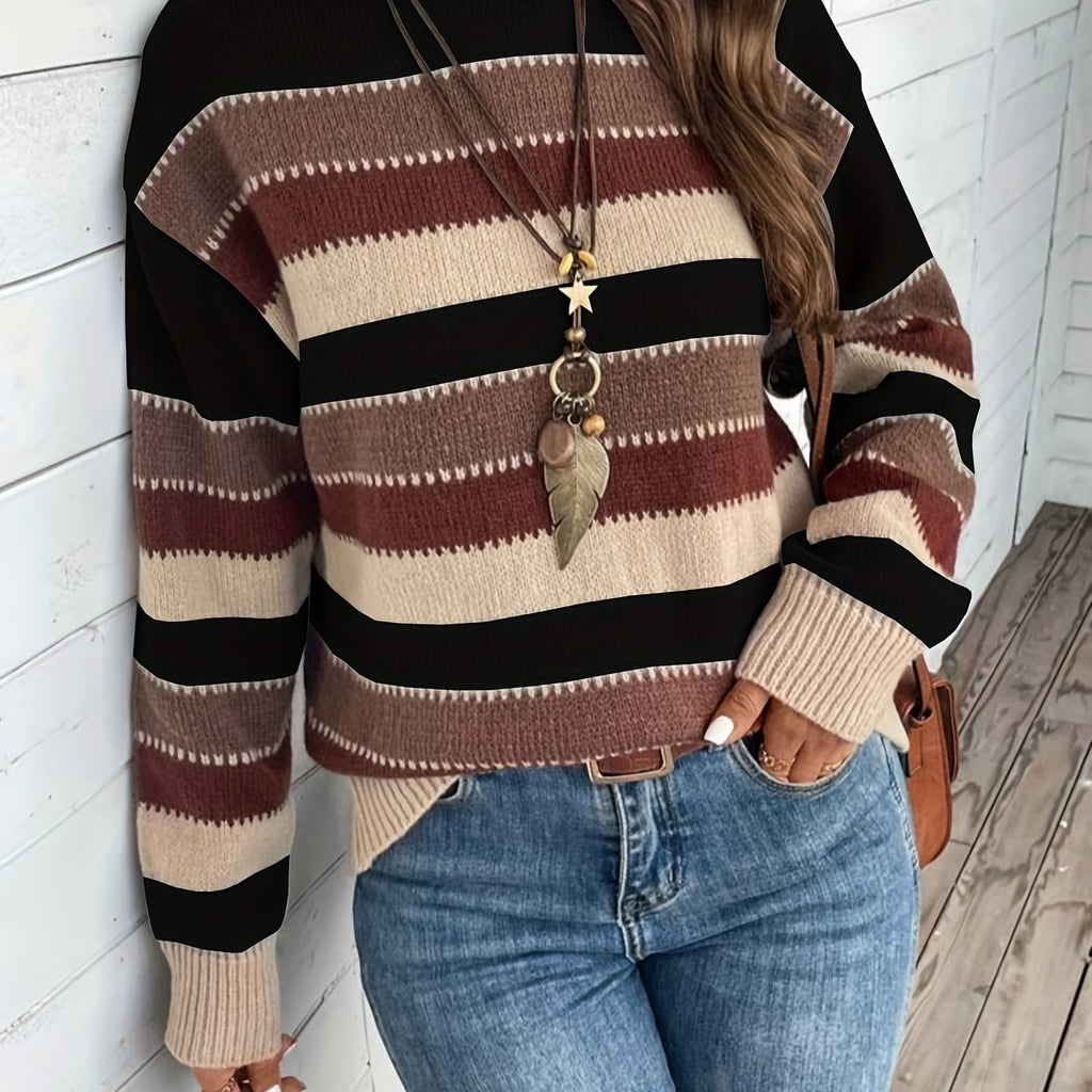 Damen Pullover mit gestreiftem Design und Rundhalsausschnitt - 5 - Annoboutique