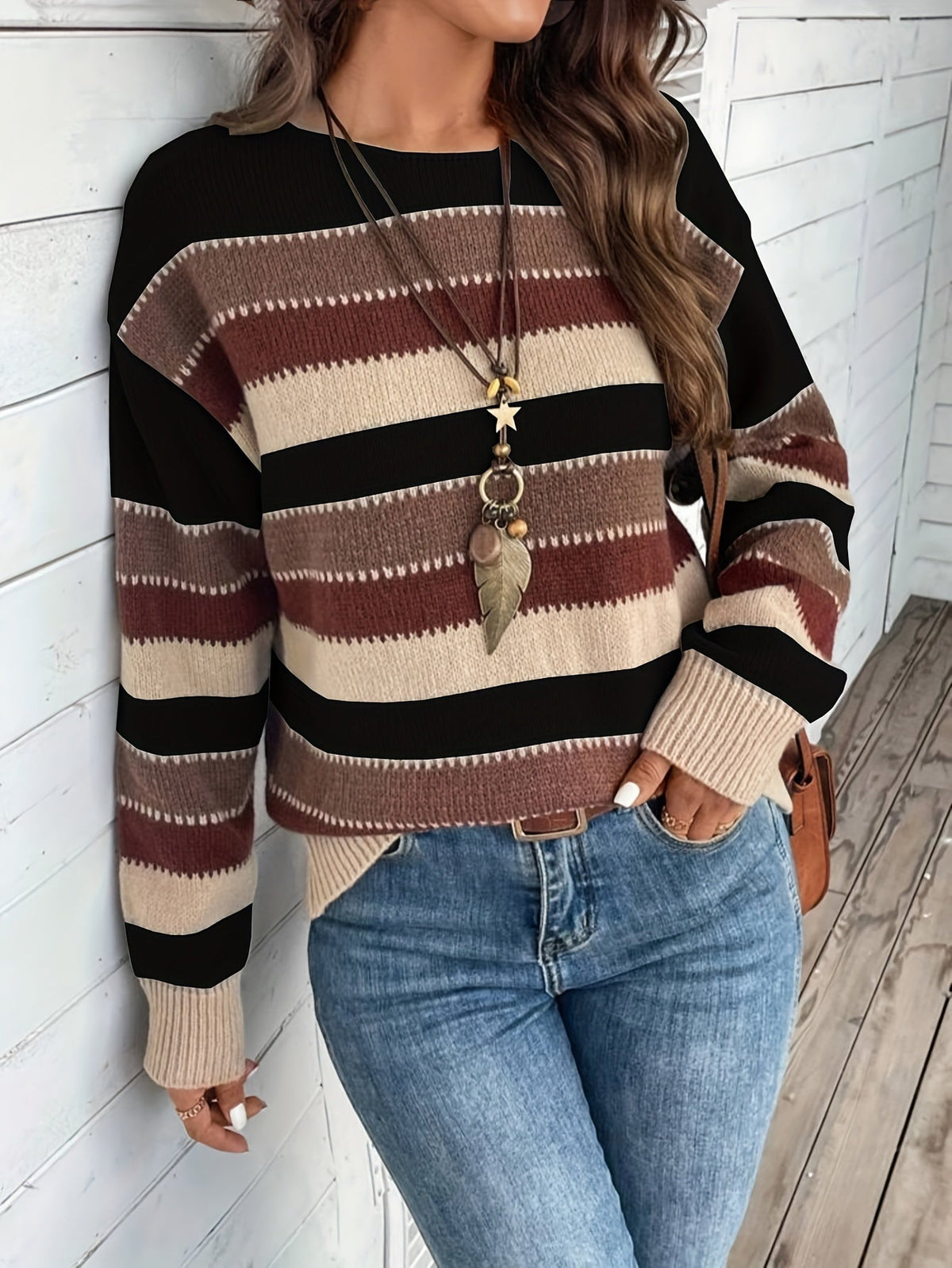 Damen Pullover mit gestreiftem Design und Rundhalsausschnitt - 6 - Annoboutique