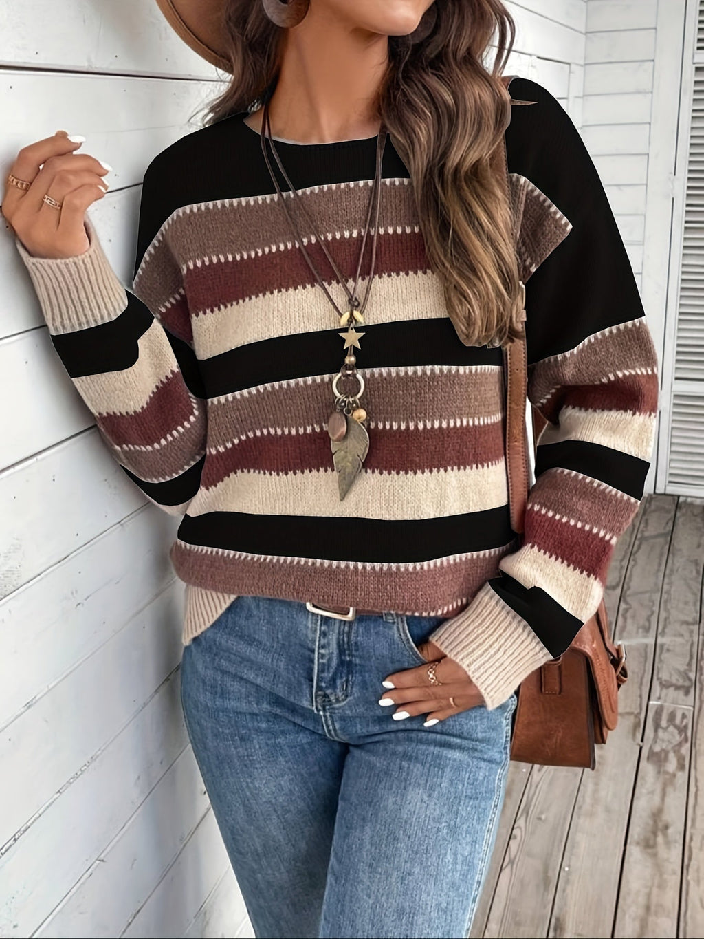 Damen Pullover mit gestreiftem Design und Rundhalsausschnitt - 8 - Annoboutique
