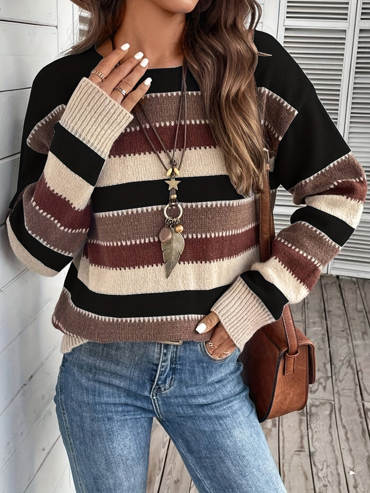Damen Pullover mit gestreiftem Design und Rundhalsausschnitt - 9 - Annoboutique