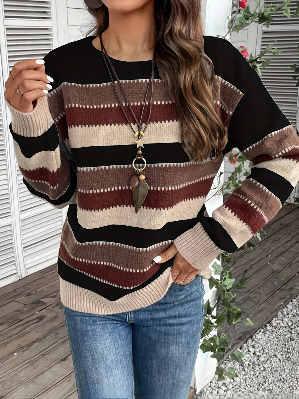 Damen Pullover mit gestreiftem Design und Rundhalsausschnitt - 10 - Annoboutique
