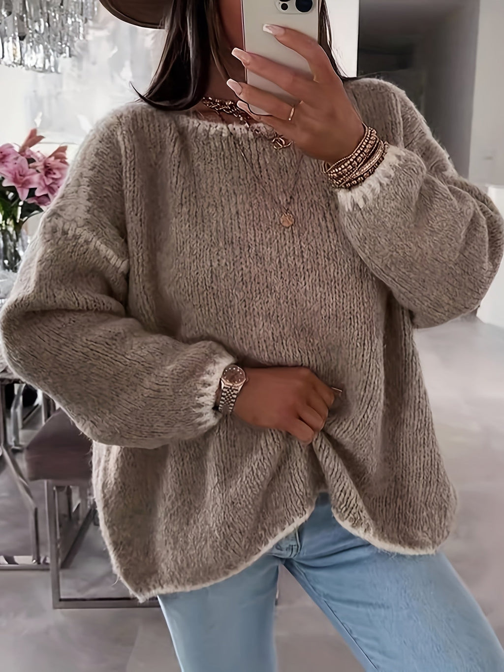 Damen Pullover mit weitem U-Boot-Ausschnitt und lässiger Passform - 2 - Annoboutique