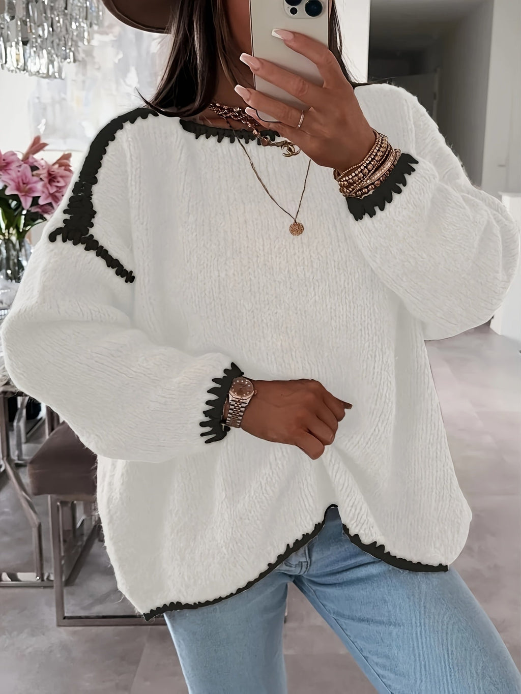 Damen Pullover mit weitem U-Boot-Ausschnitt und lässiger Passform - 6 - Annoboutique