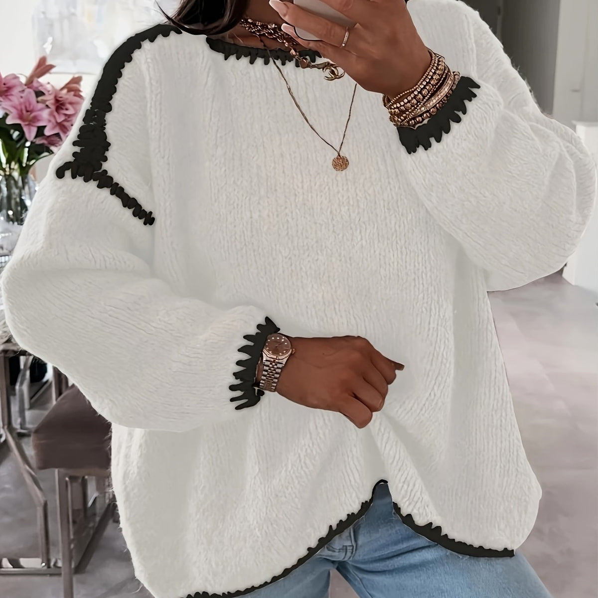 Damen Pullover mit weitem U-Boot-Ausschnitt und lässiger Passform - 10 - Annoboutique