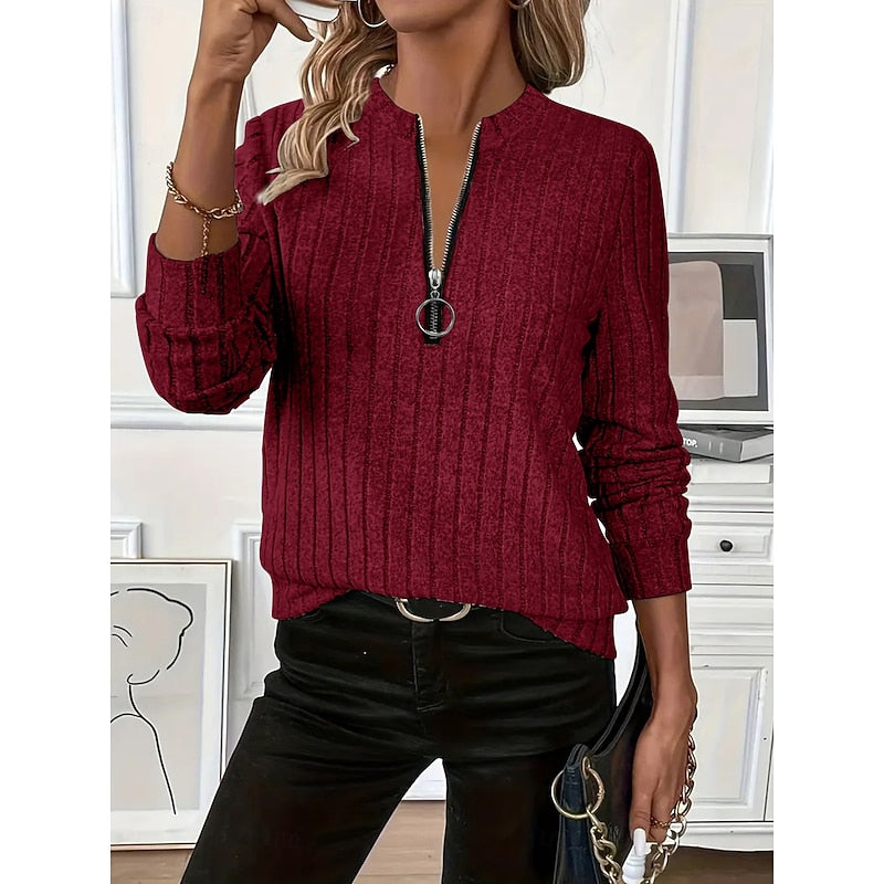 Pullover Damen mit Stehkragen und Reißverschluss, langarm - 3 - Annoboutique