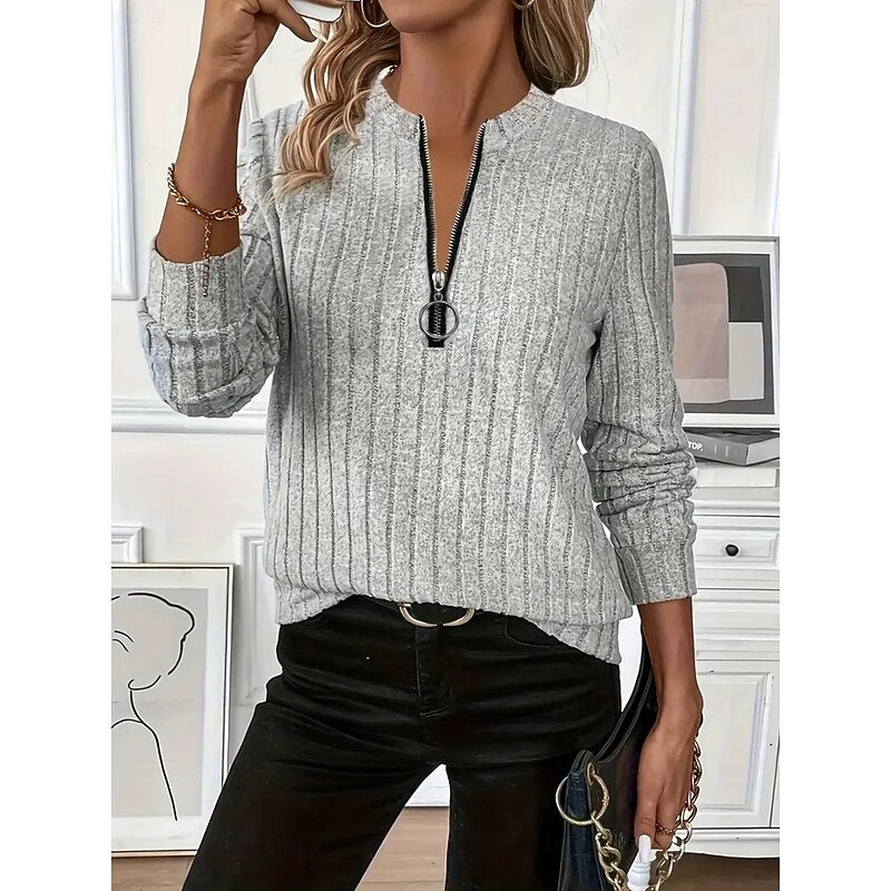 Pullover Damen mit Stehkragen und Reißverschluss, langarm - 5 - Annoboutique