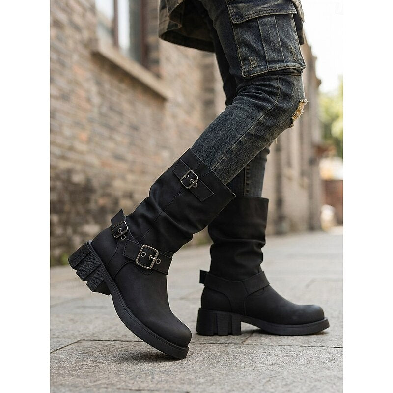 Biker Boots Damen mit Vintage-Schnalle und robustem Blockabsatz - 1 - Annoboutique