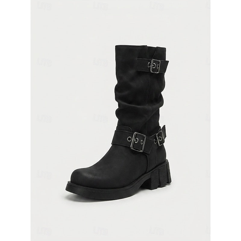 Biker Boots Damen mit Vintage-Schnalle und robustem Blockabsatz - 2 - Annoboutique
