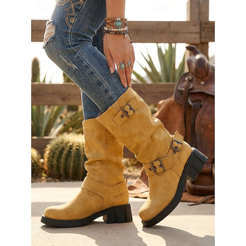 Biker Boots Damen mit Vintage-Schnalle und robustem Blockabsatz - 4 - Annoboutique