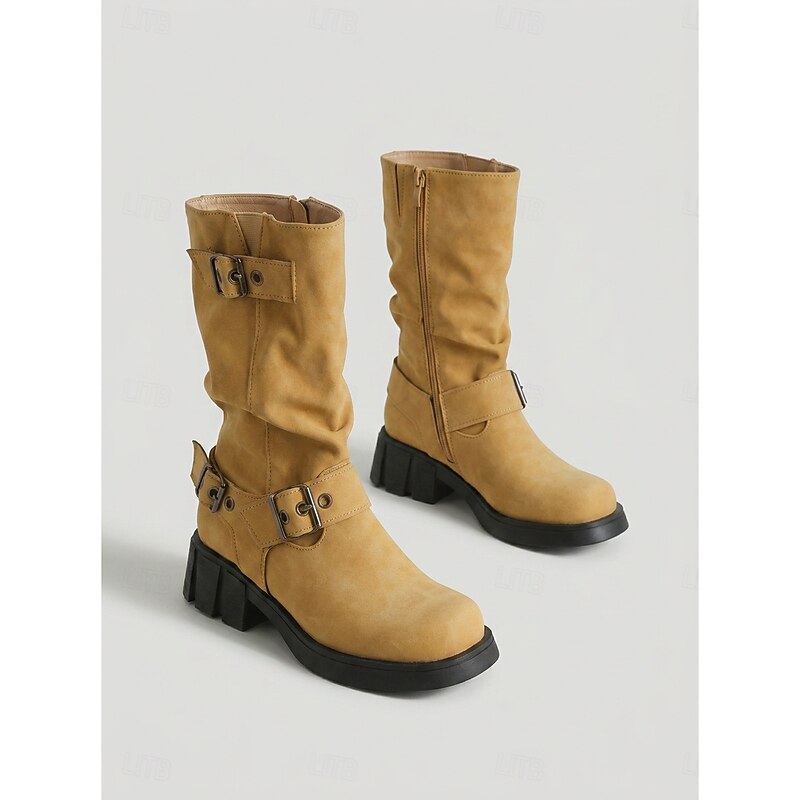 Biker Boots Damen mit Vintage-Schnalle und robustem Blockabsatz - 5 - Annoboutique