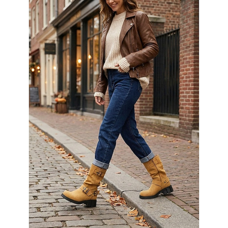 Biker Boots Damen mit Vintage-Schnalle und robustem Blockabsatz - 7 - Annoboutique