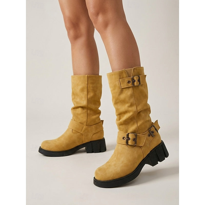 Biker Boots Damen mit Vintage-Schnalle und robustem Blockabsatz - 8 - Annoboutique
