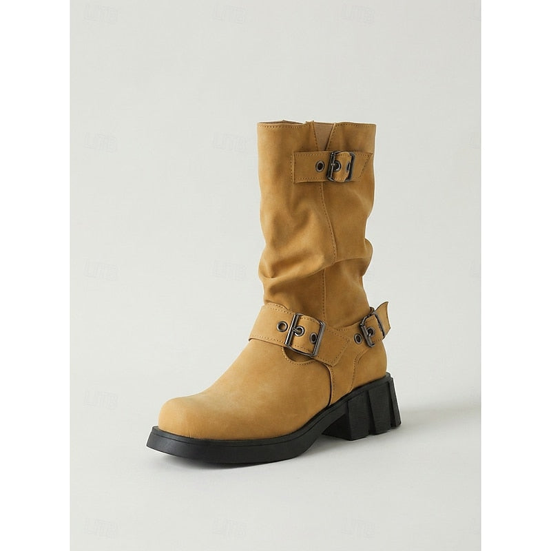 Biker Boots Damen mit Vintage-Schnalle und robustem Blockabsatz - 9 - Annoboutique