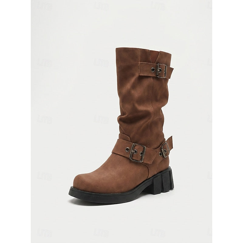 Biker Boots Damen mit Vintage-Schnalle und robustem Blockabsatz - 10 - Annoboutique