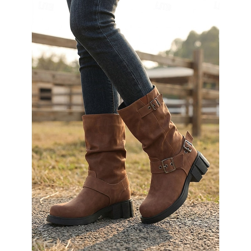 Biker Boots Damen mit Vintage-Schnalle und robustem Blockabsatz - 11 - Annoboutique