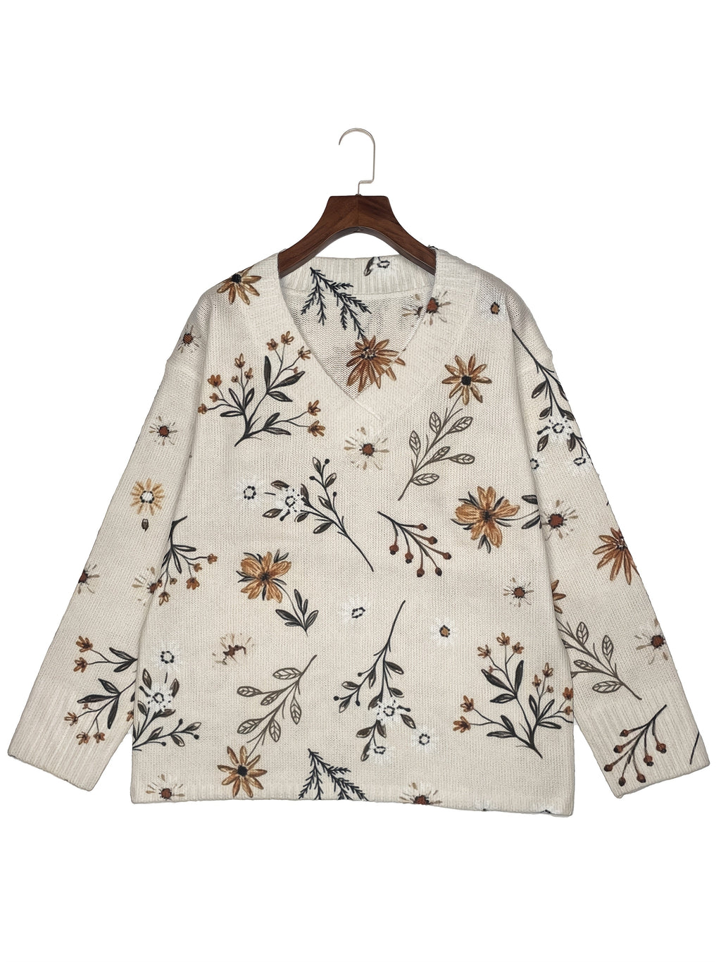 Damen Pullover mit V-Ausschnitt und floralem Muster in Beige - 4 - Annoboutique