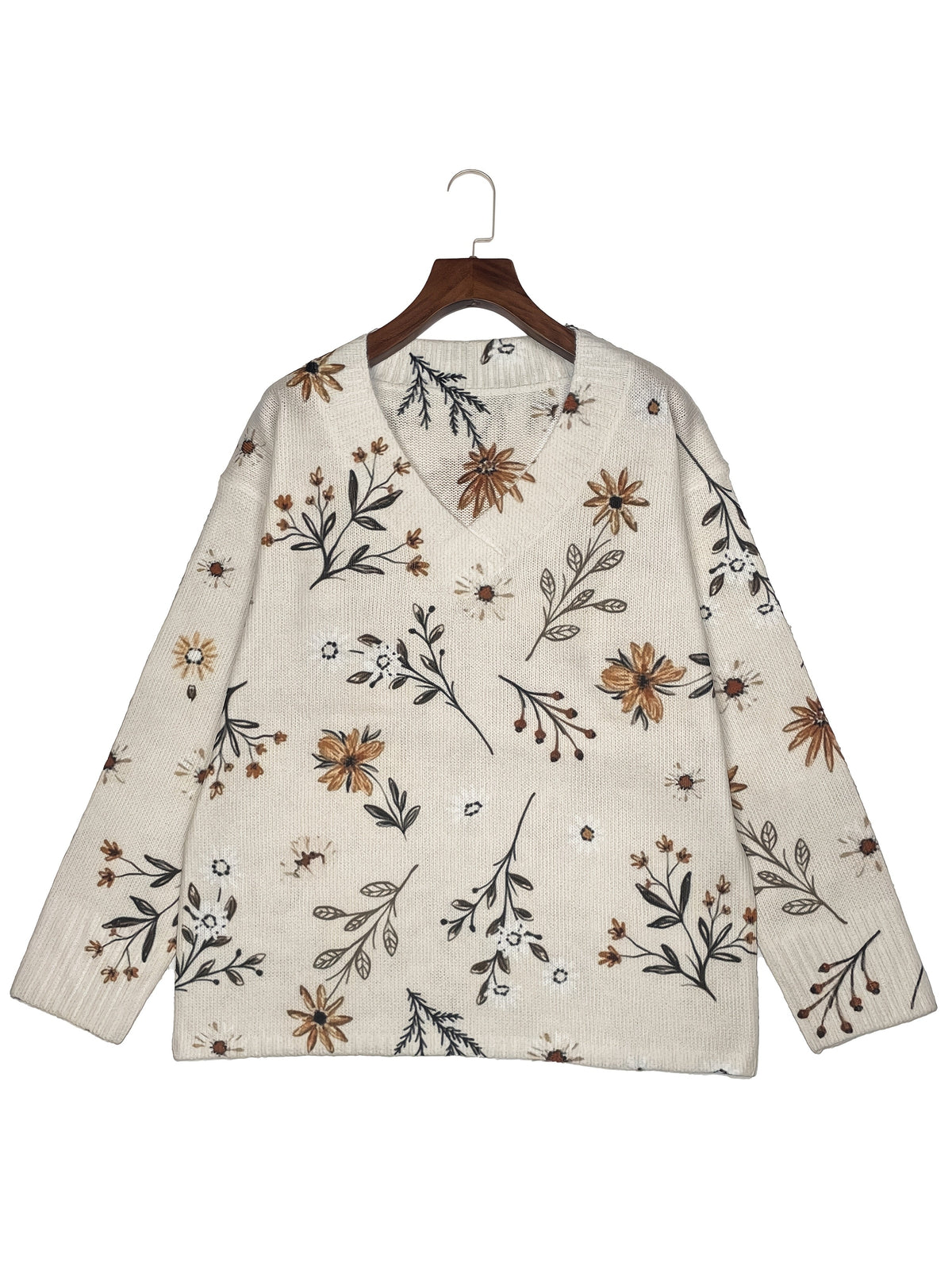 Damen Pullover mit V-Ausschnitt und floralem Muster in Beige - 4 - Annoboutique