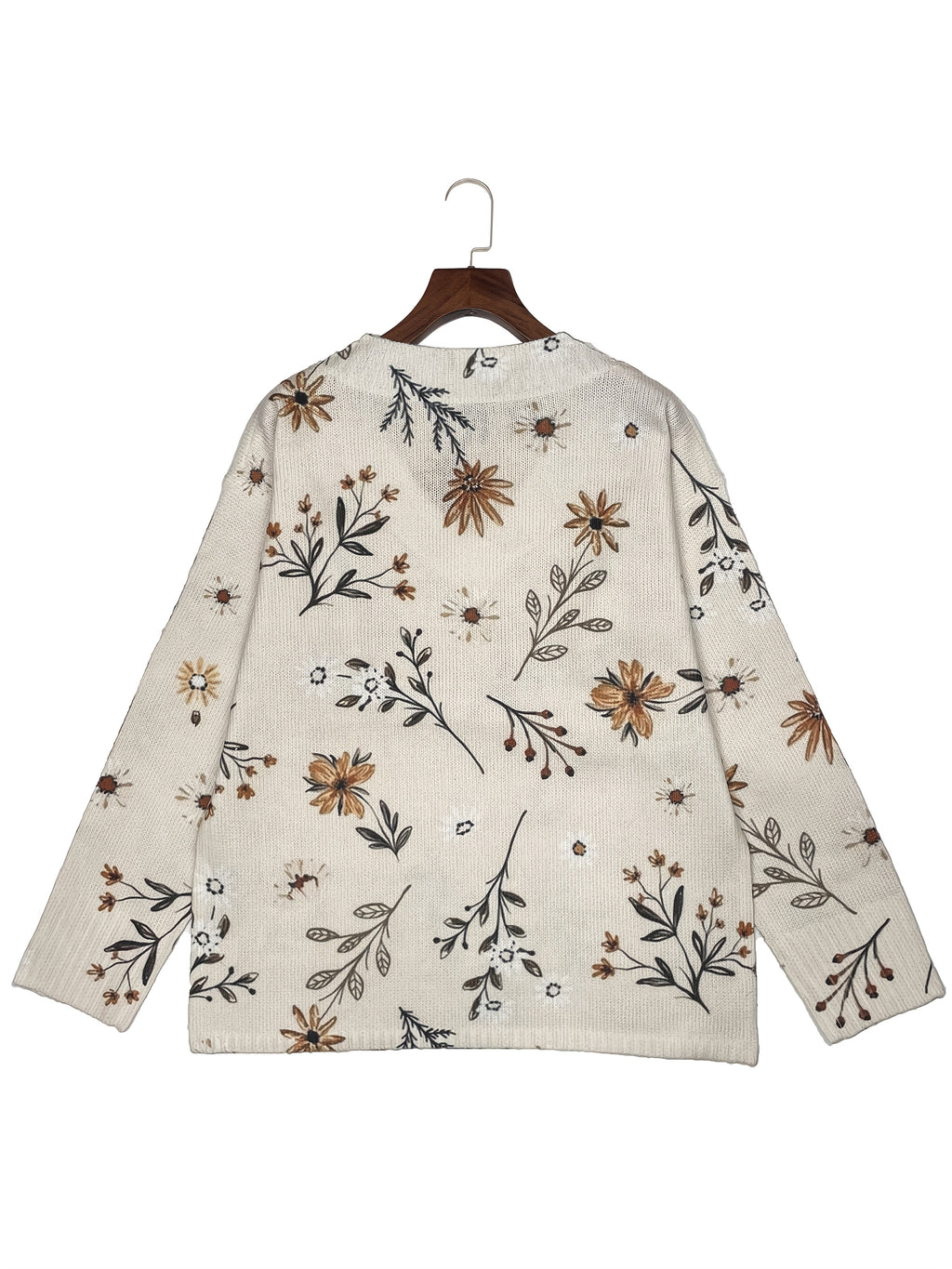 Damen Pullover mit V-Ausschnitt und floralem Muster in Beige - 5 - Annoboutique