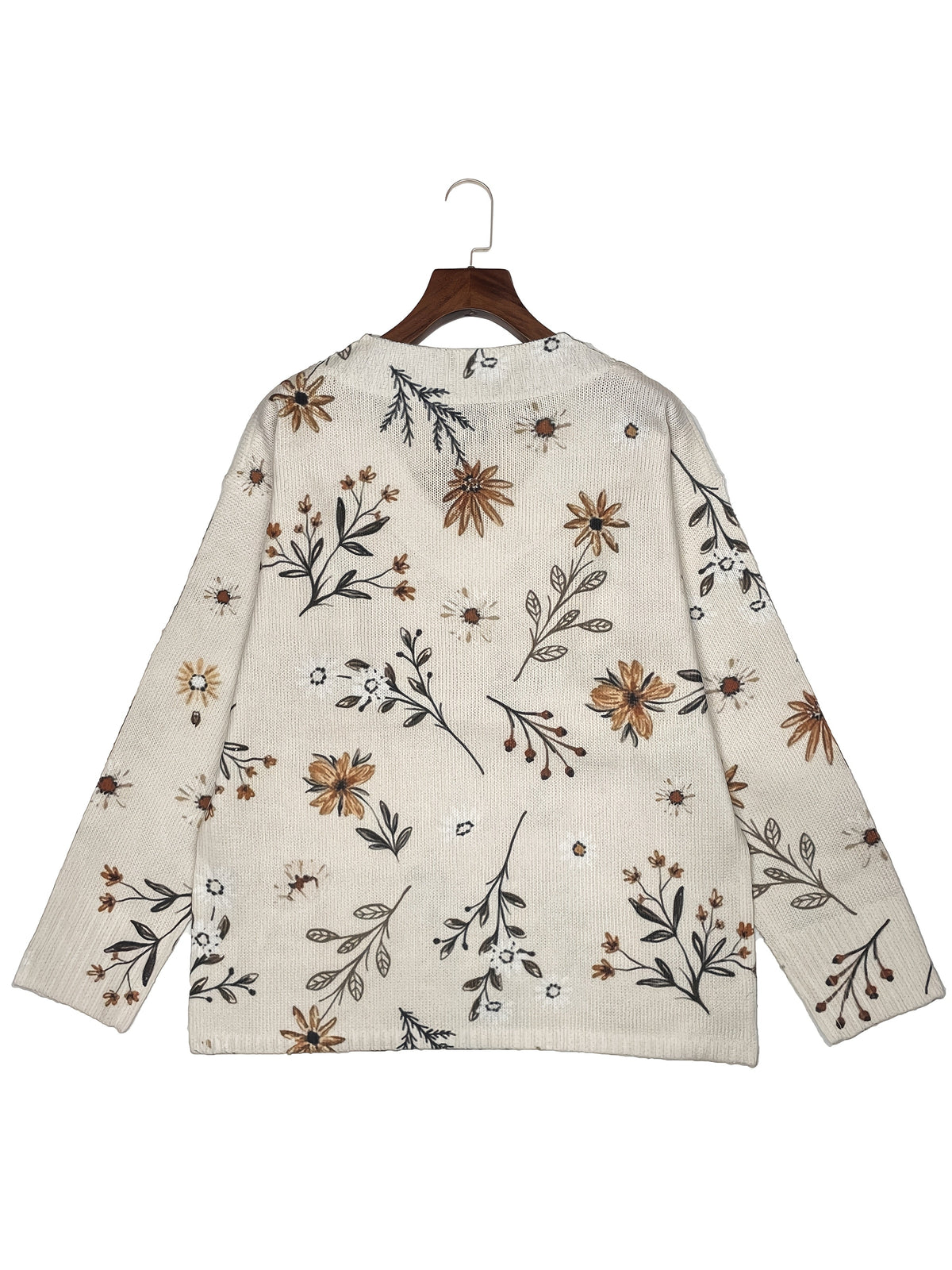 Damen Pullover mit V-Ausschnitt und floralem Muster in Beige - 5 - Annoboutique