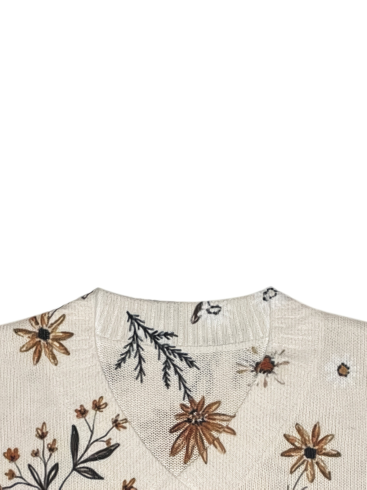 Damen Pullover mit V-Ausschnitt und floralem Muster in Beige - 6 - Annoboutique
