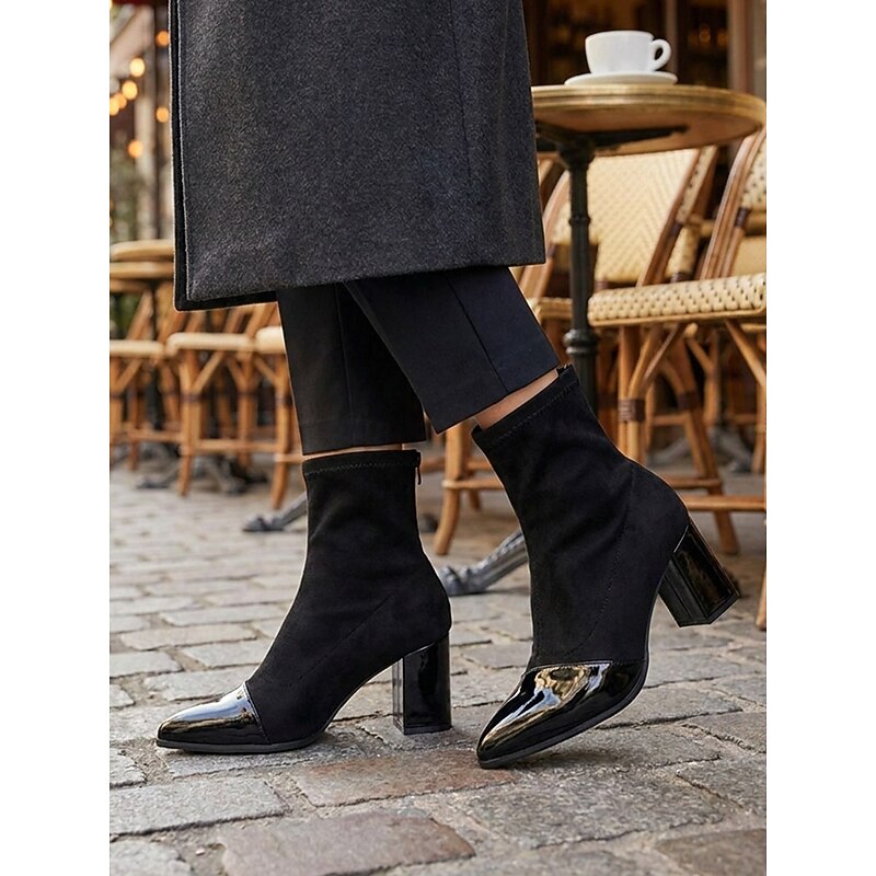 Damen Stiefeletten mit Blockabsatz und glänzender Schuhspitze - 1 - Annoboutique