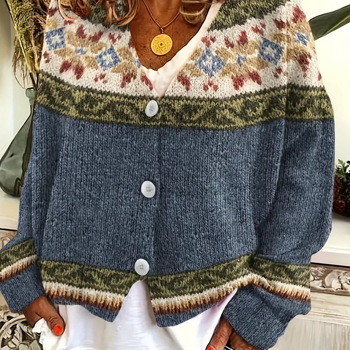 Damen Cardigan mit V-Ausschnitt und verspieltem Muster - 1 - Annoboutique