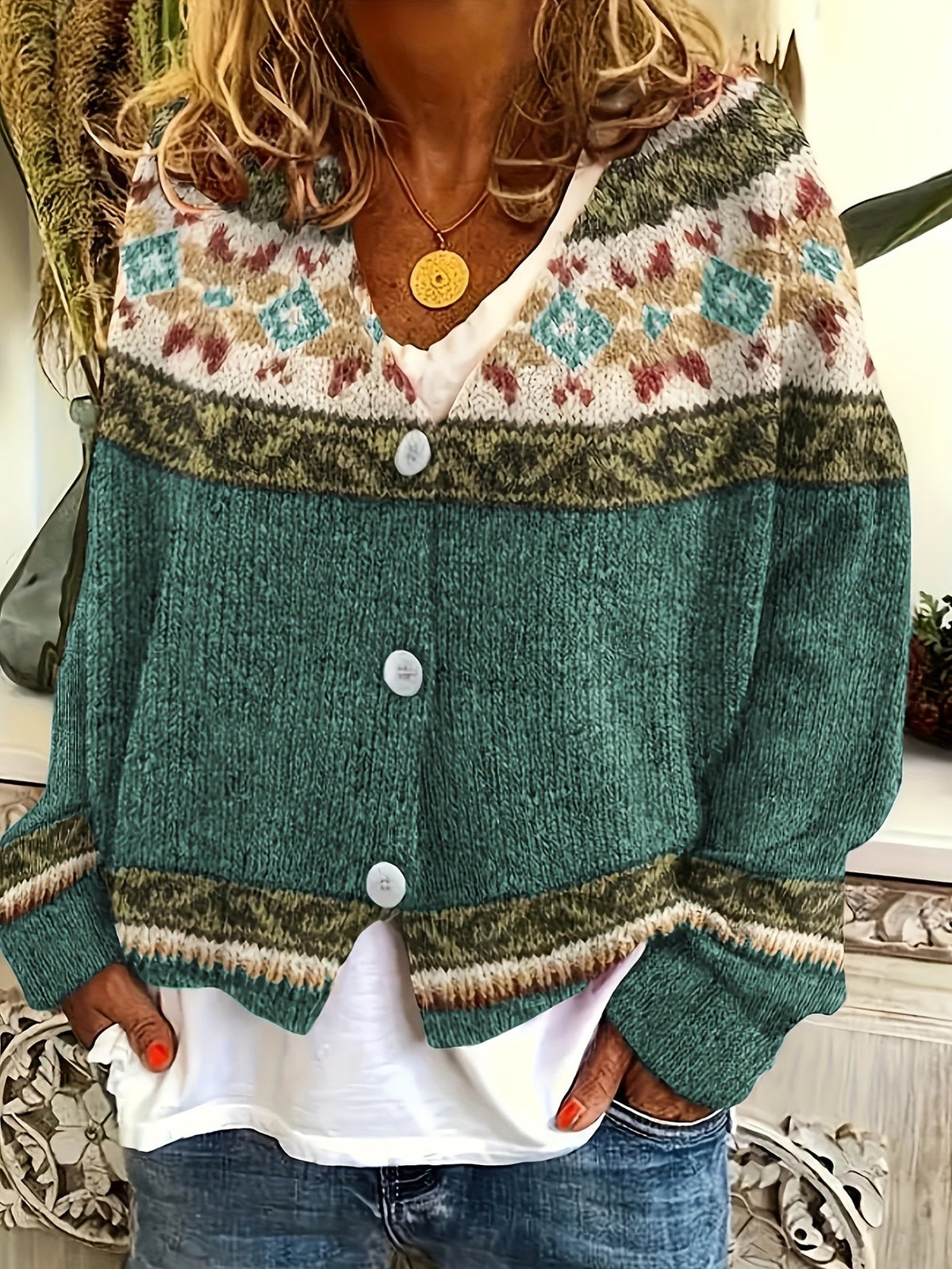Damen Cardigan mit V-Ausschnitt und verspieltem Muster - 6 - Annoboutique