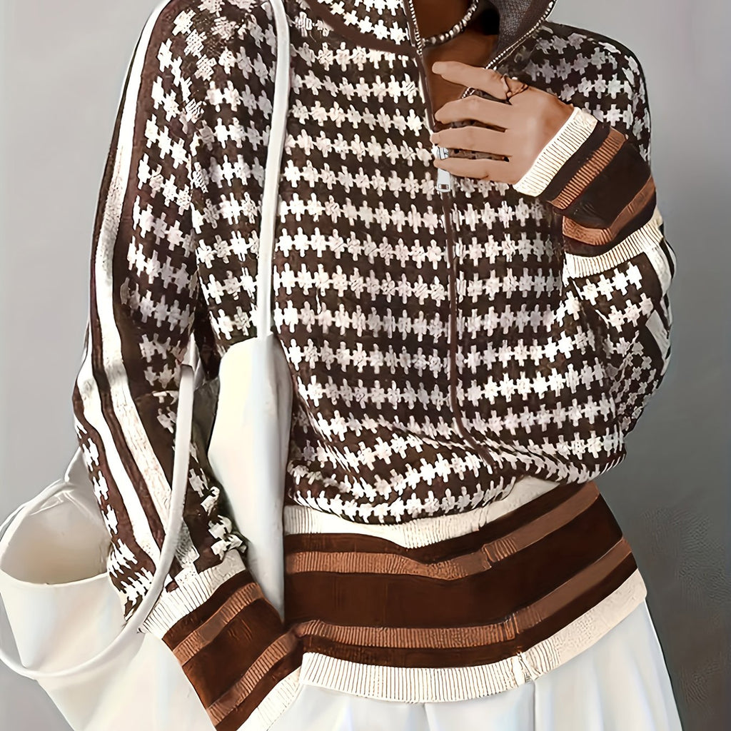 Modischer Damen Pullover mit Stehkragen und Reißverschluss im Karomuster - 1 - Annoboutique