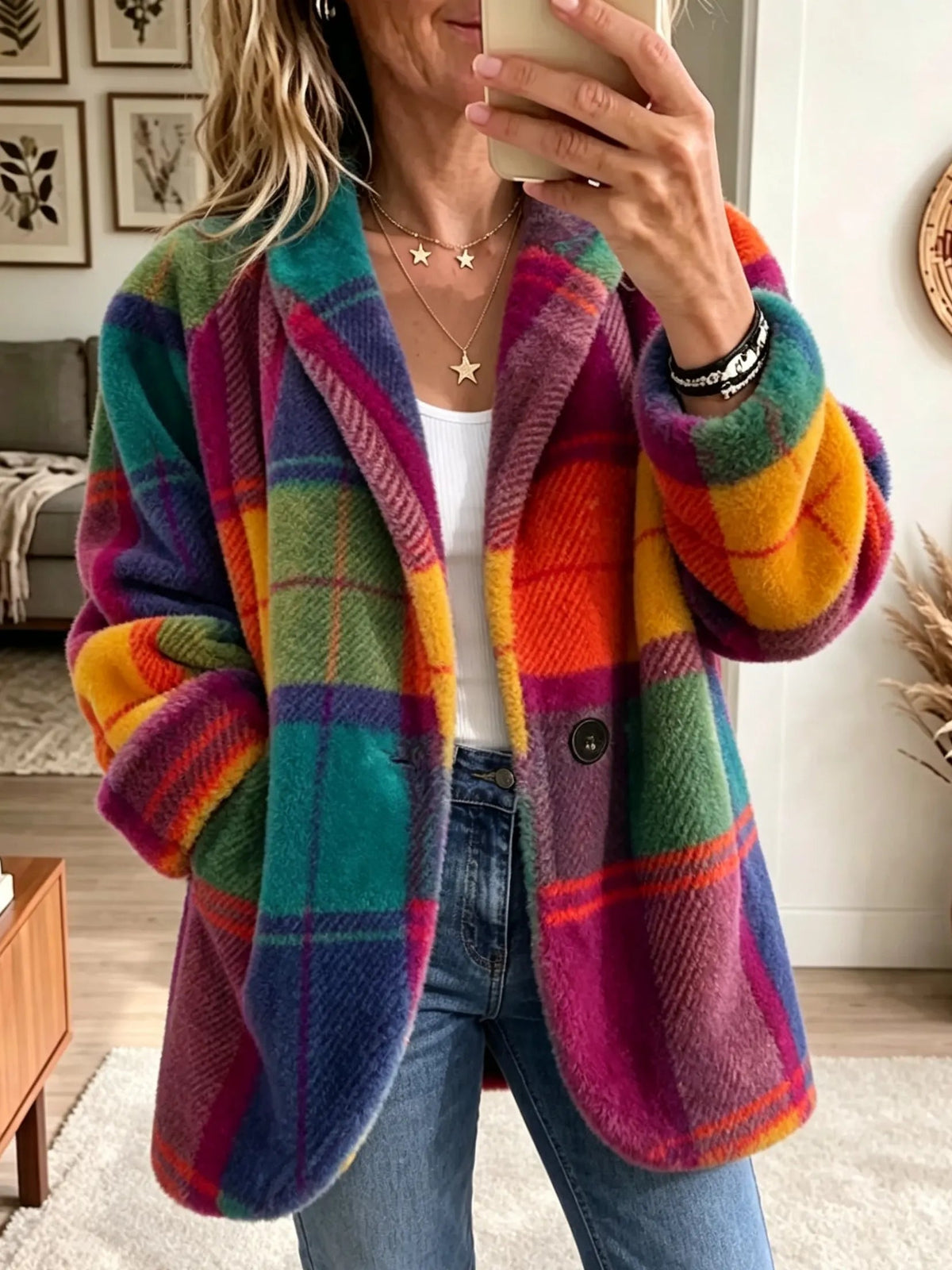 Damen Jacke im Karomuster mit Reverskragen und lockerer Passform - 1 - Annoboutique
