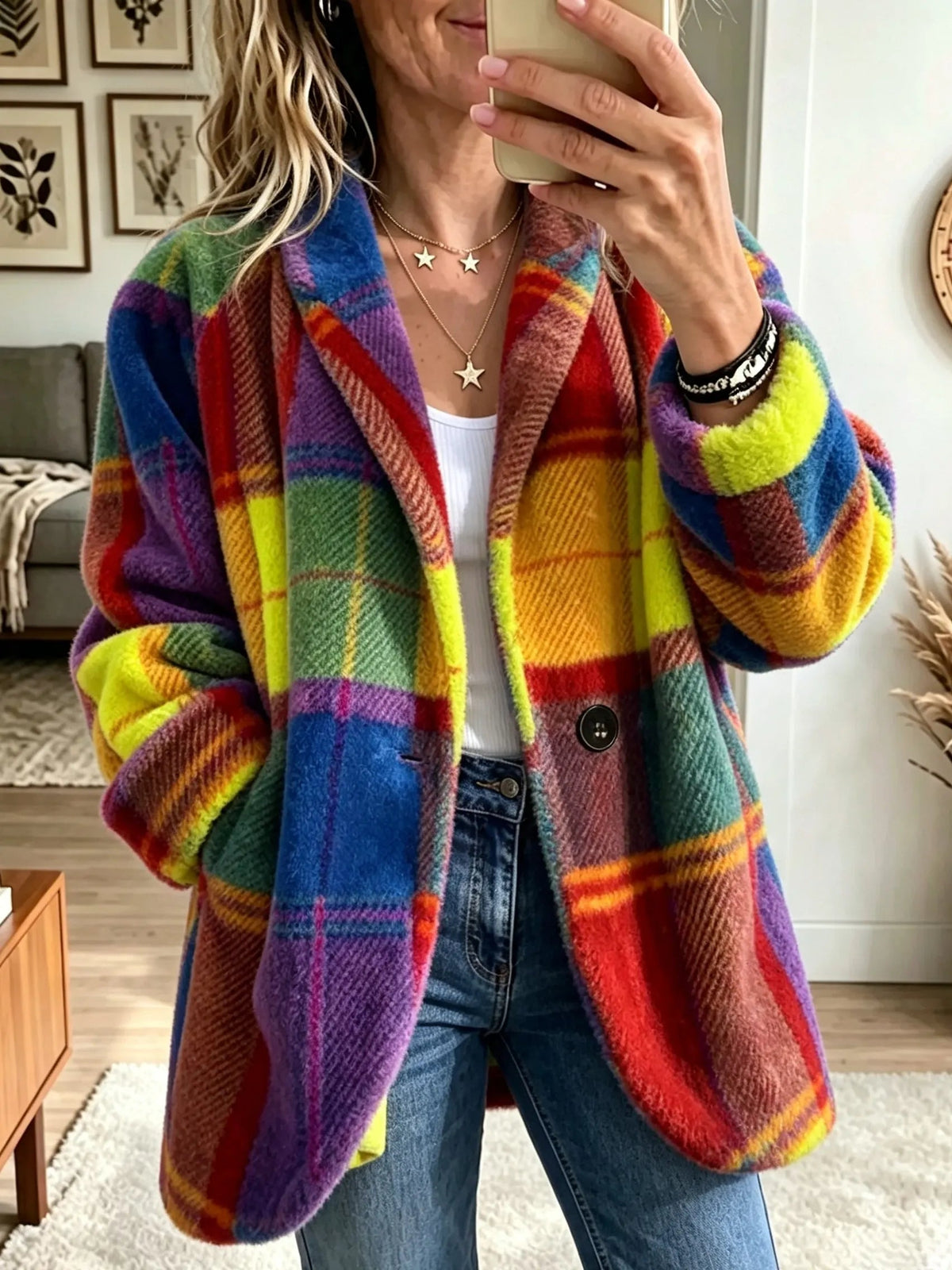 Damen Jacke im Karomuster mit Reverskragen und lockerer Passform - 2 - Annoboutique