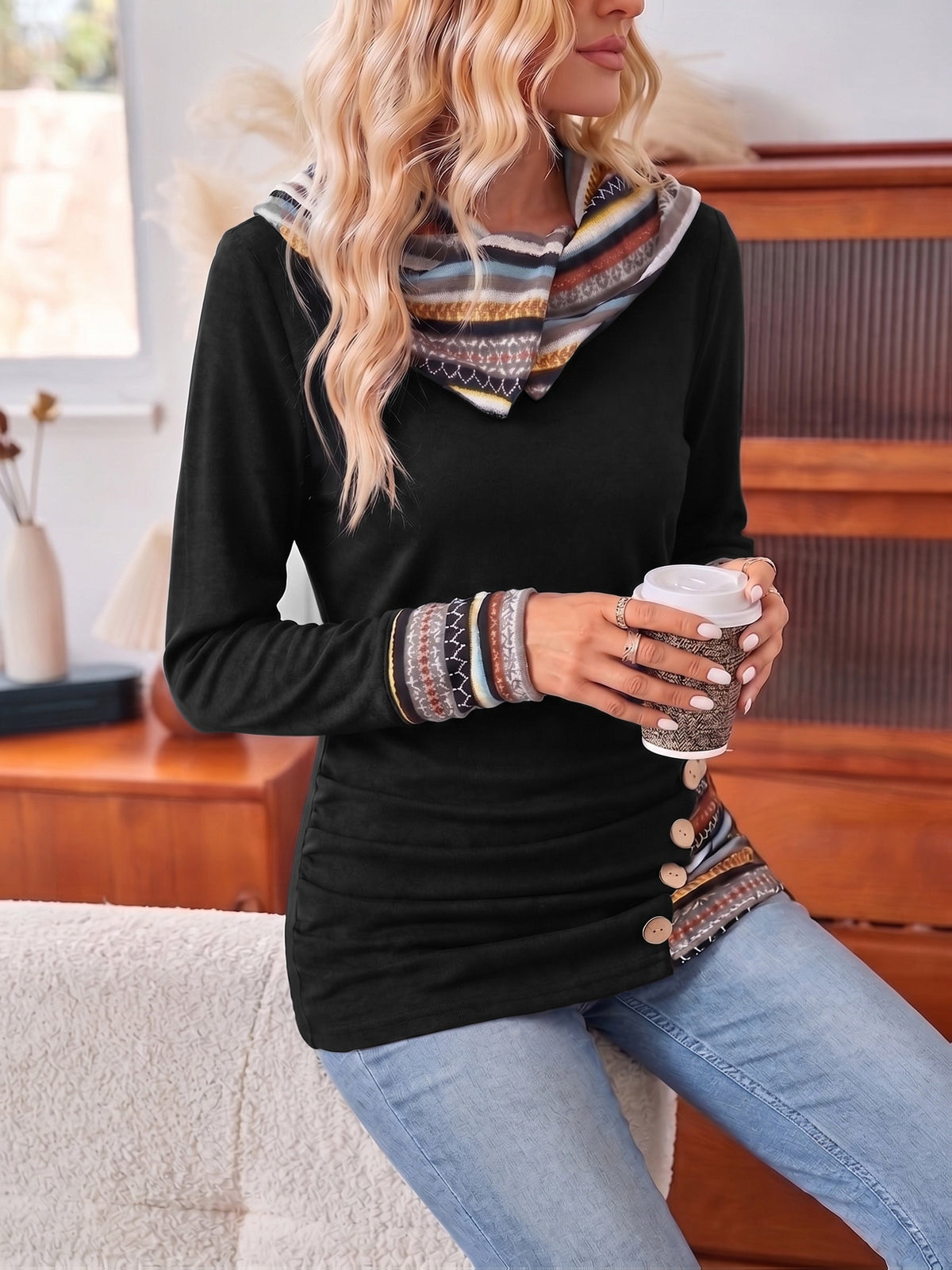 Damen Pullover mit Kapuze und knöpfbarem Design, schwarz - 5 - Annoboutique