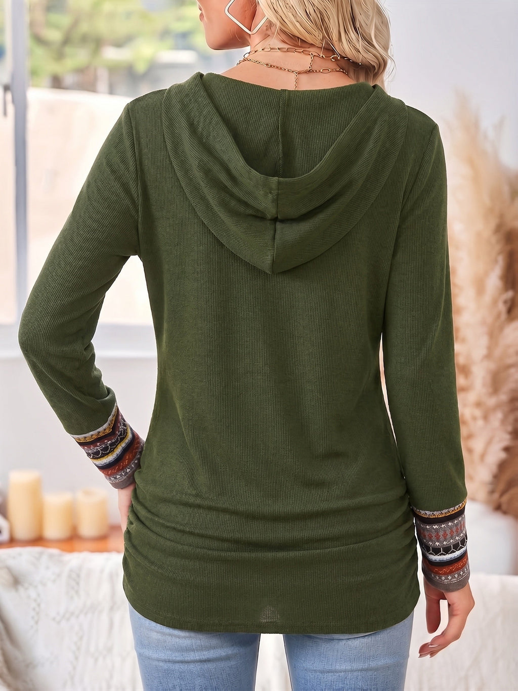 Damen Pullover mit Kapuze und knöpfbarem Design, schwarz - 10 - Annoboutique