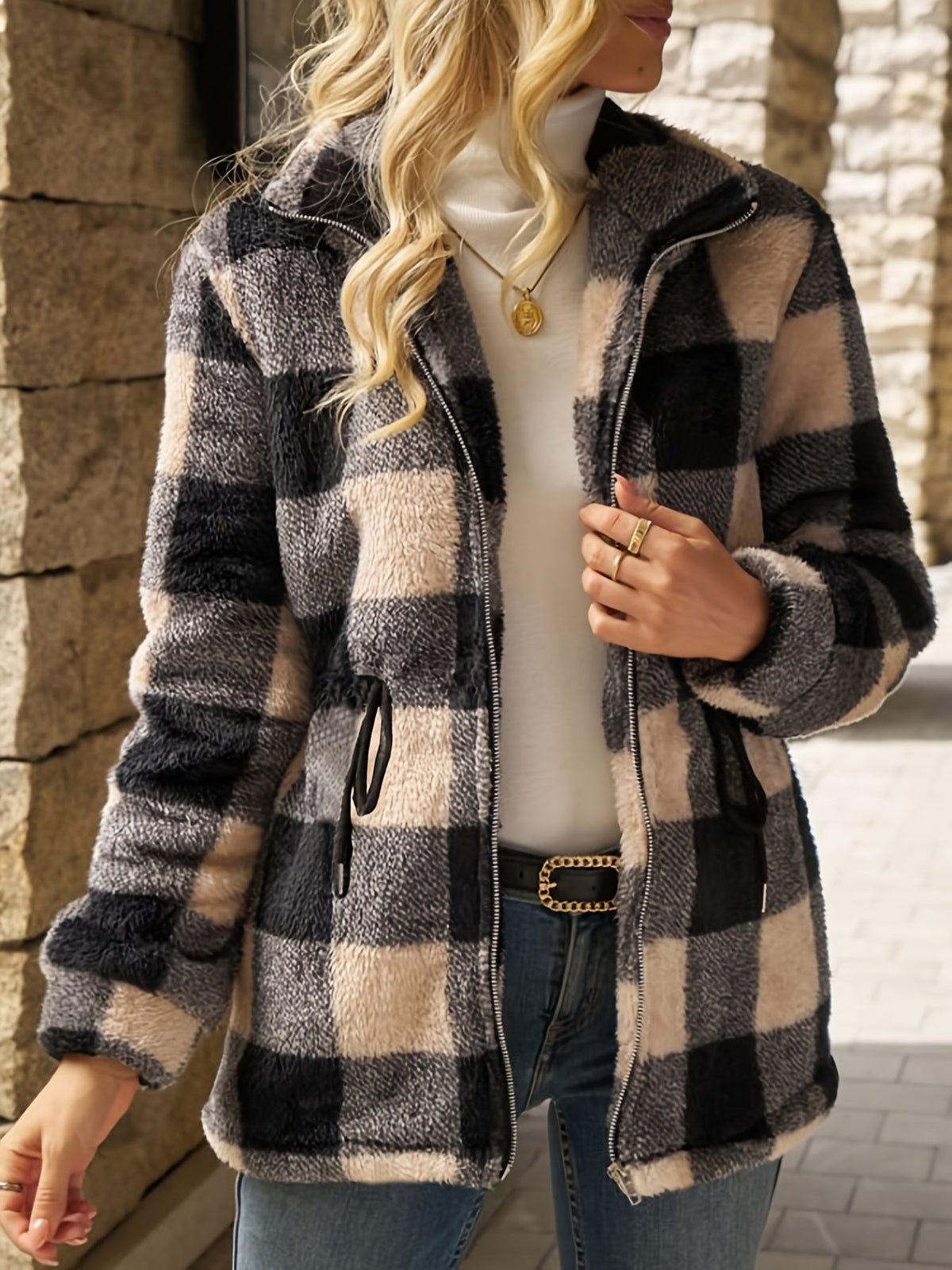 Damen Jacke im Karomuster mit tailliertem Schnitt und Reißverschluss - 1 - Annoboutique