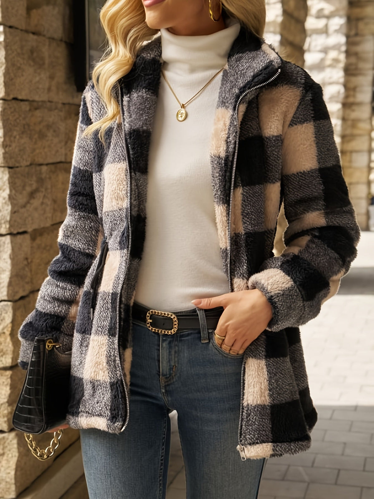 Damen Jacke im Karomuster mit tailliertem Schnitt und Reißverschluss - 2 - Annoboutique