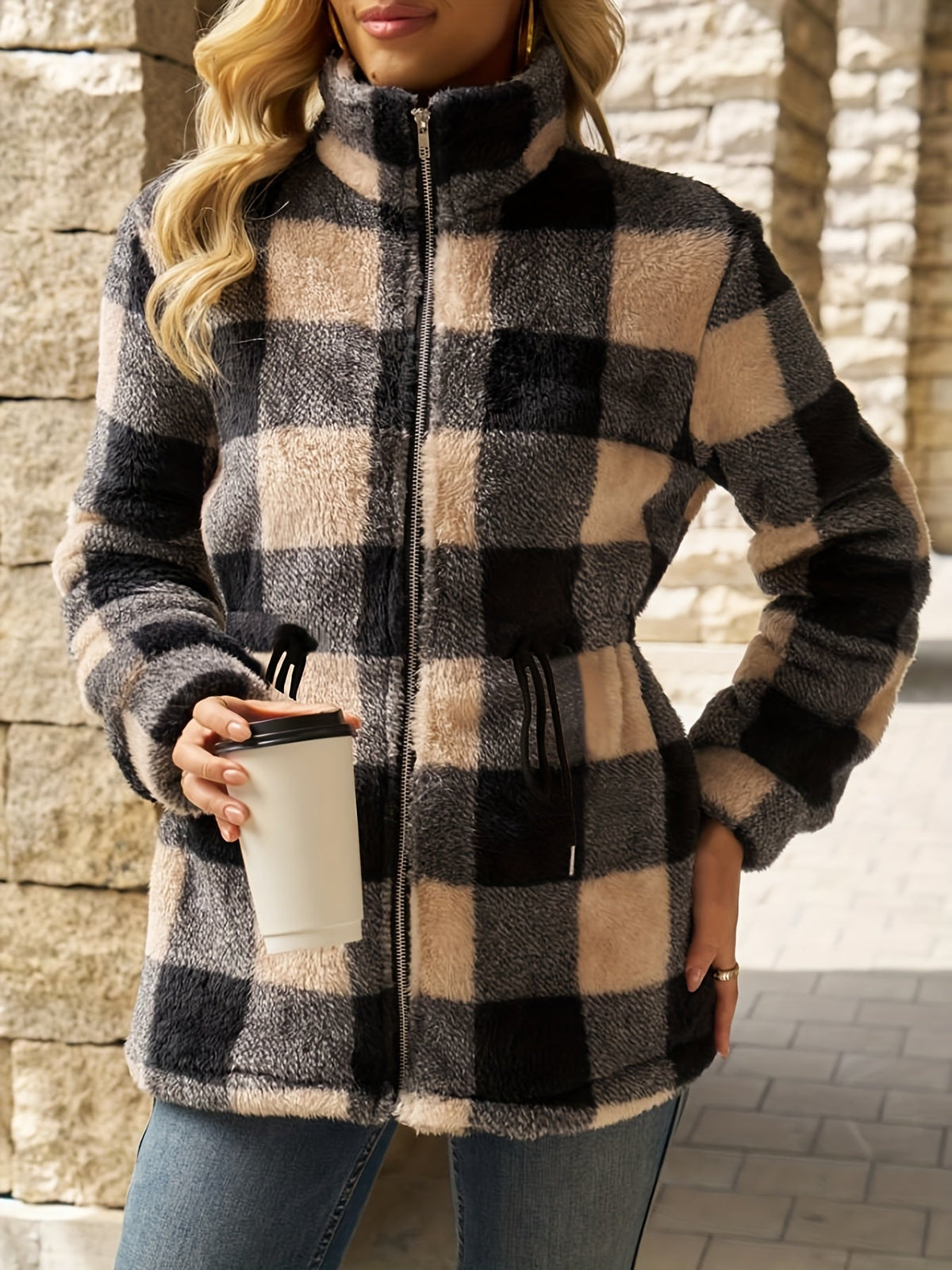 Damen Jacke im Karomuster mit tailliertem Schnitt und Reißverschluss - 4 - Annoboutique
