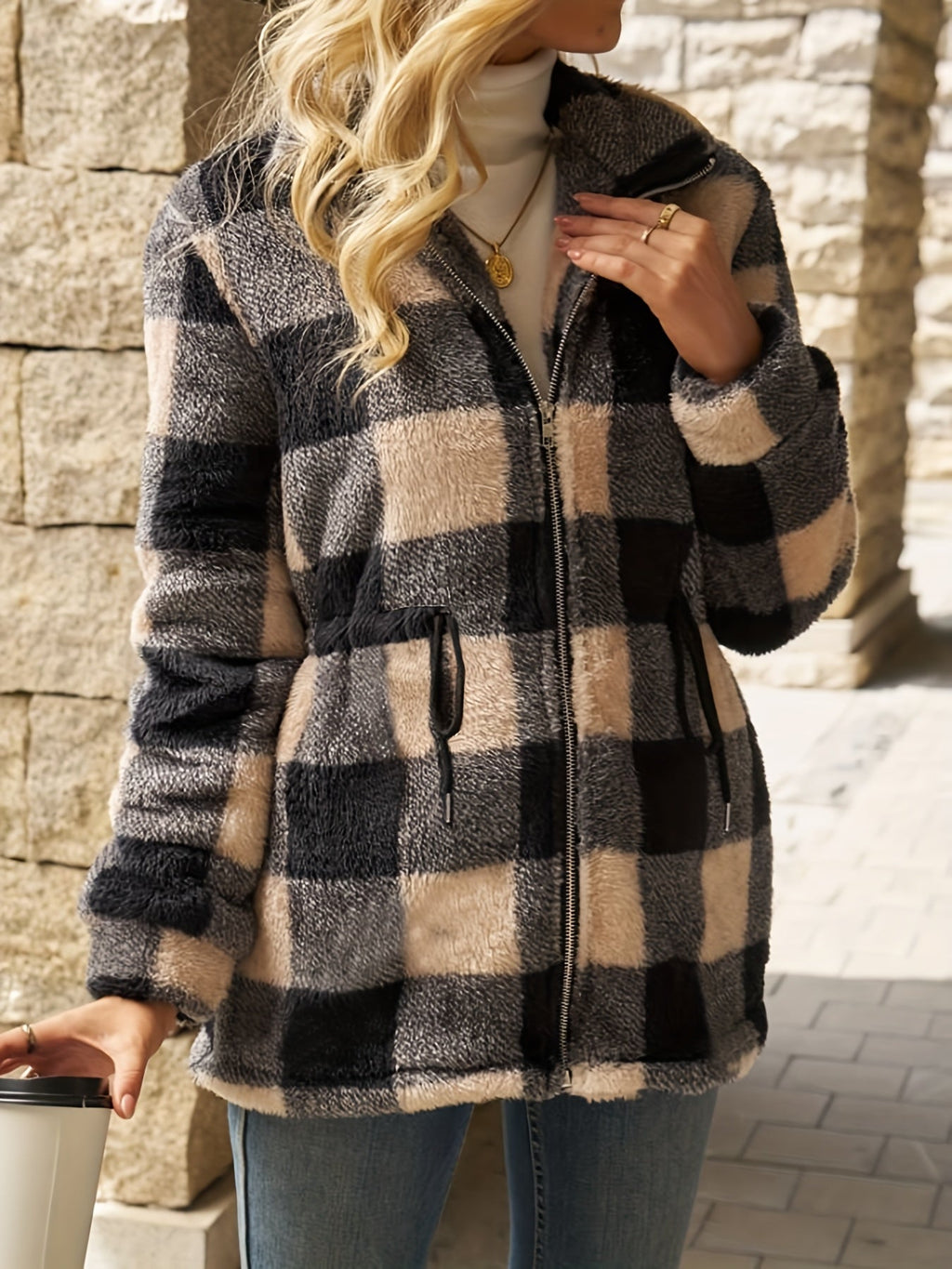 Damen Jacke im Karomuster mit tailliertem Schnitt und Reißverschluss - 5 - Annoboutique