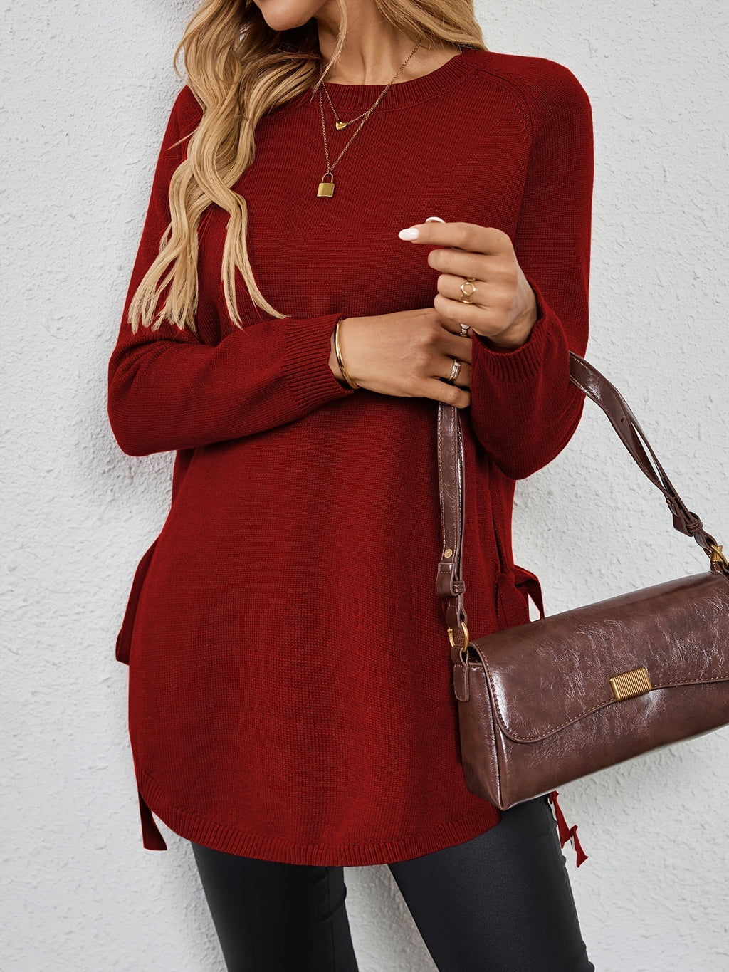 Pullover Damen mit seitlichen Bindebändern und langen Ärmeln in Dunkelrot - 6 - Annoboutique