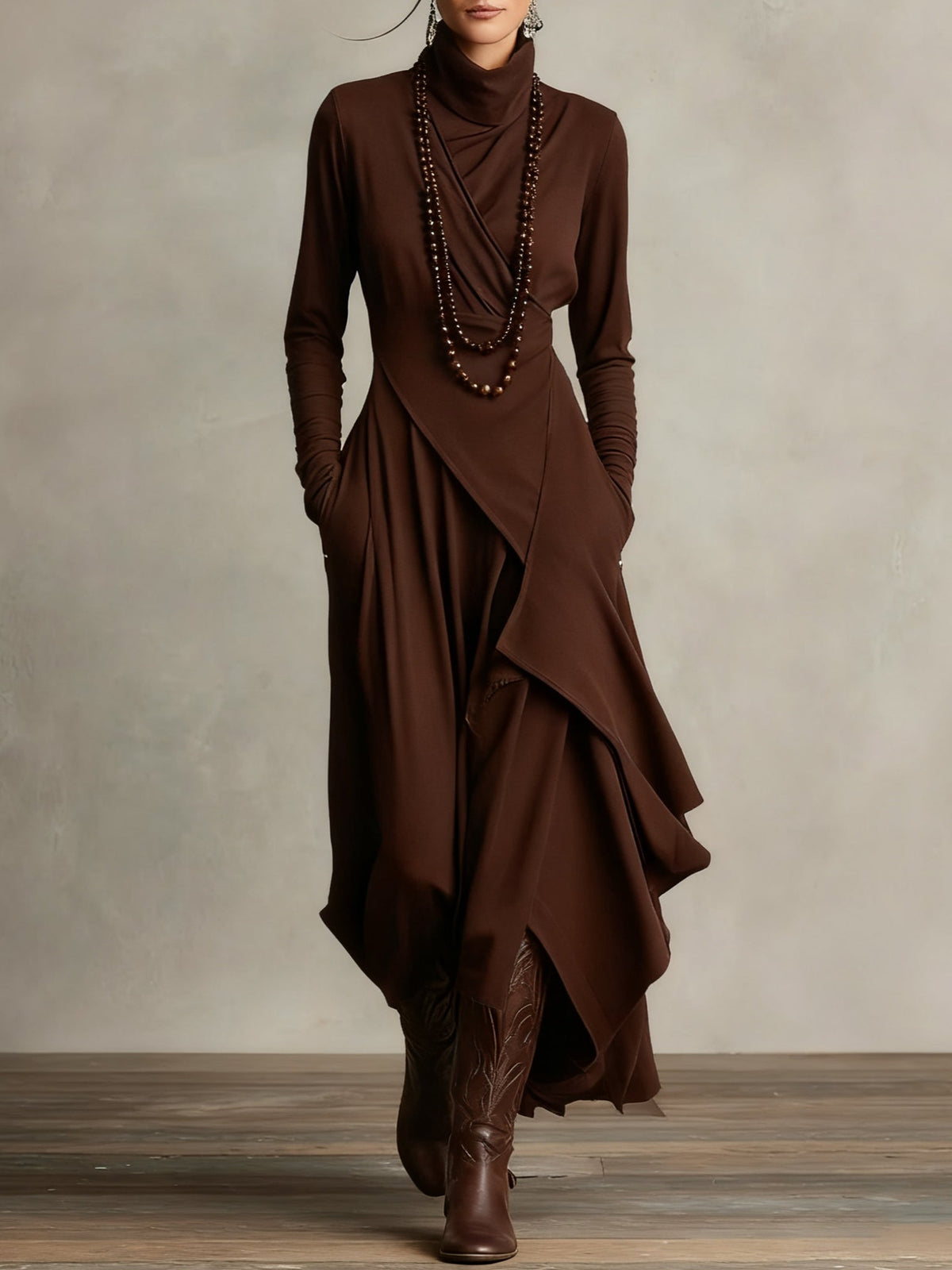 Maxikleid Damen mit Wickelschnitt und langen Ärmeln - 9 - Annoboutique