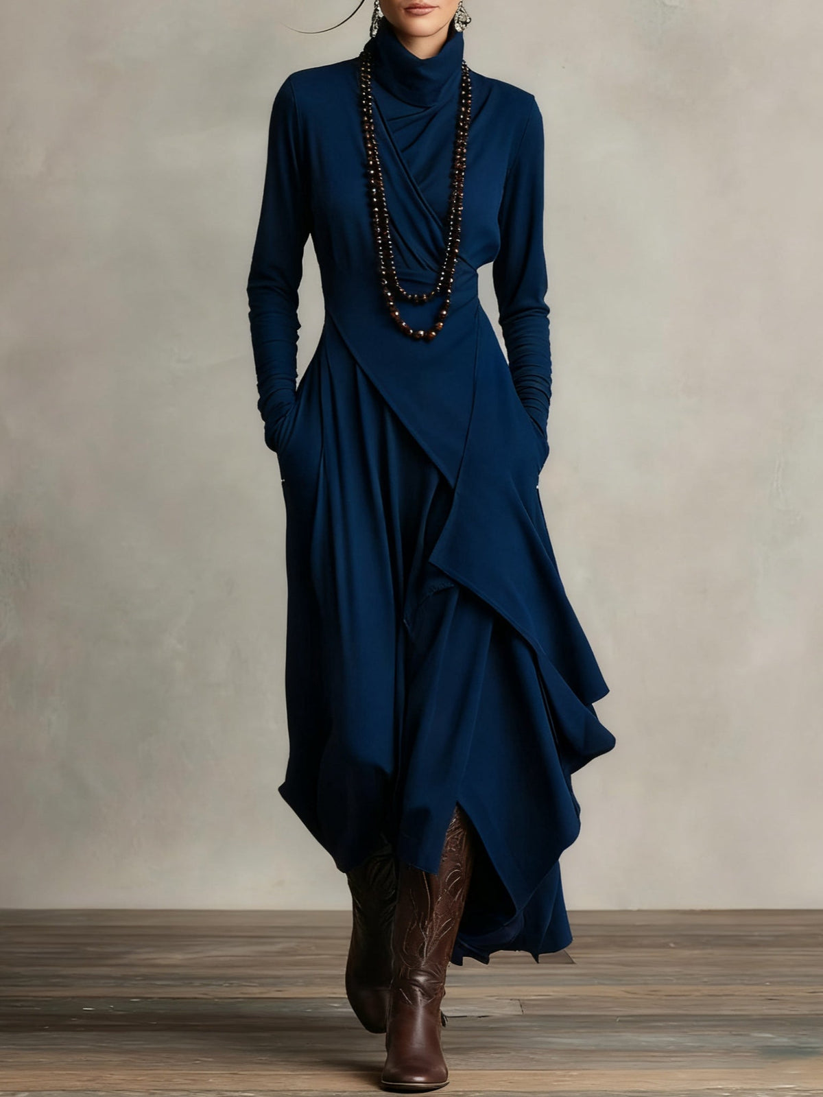 Maxikleid Damen mit Wickelschnitt und langen Ärmeln - 10 - Annoboutique