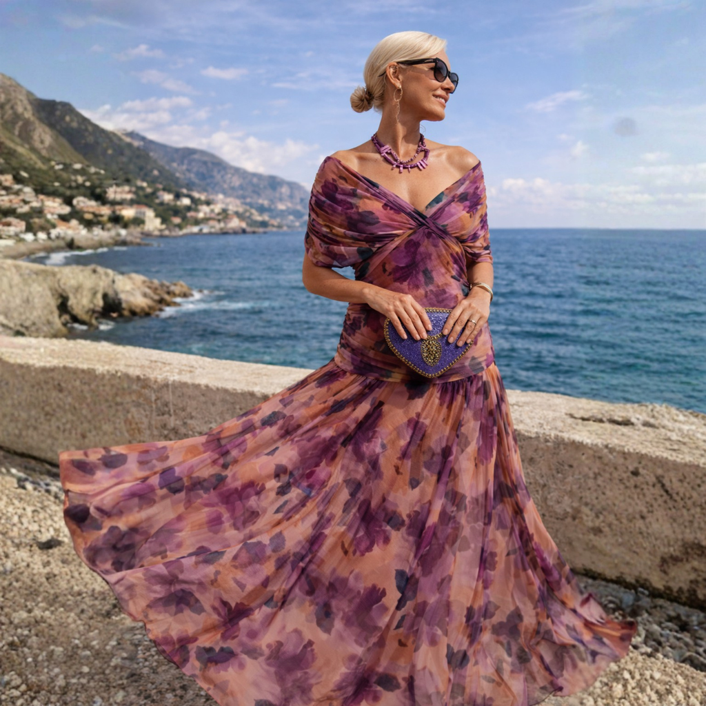 Maxikleid Damen mit Wickeldesign und V-Ausschnitt – feminines Blumenmuster - 14 - Annoboutique
