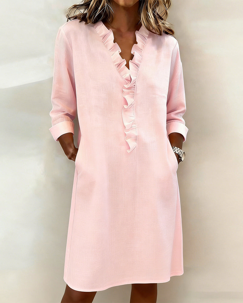 Hemdblusenkleid Damen mit V-Ausschnitt und Rüschen - 1 - Annoboutique