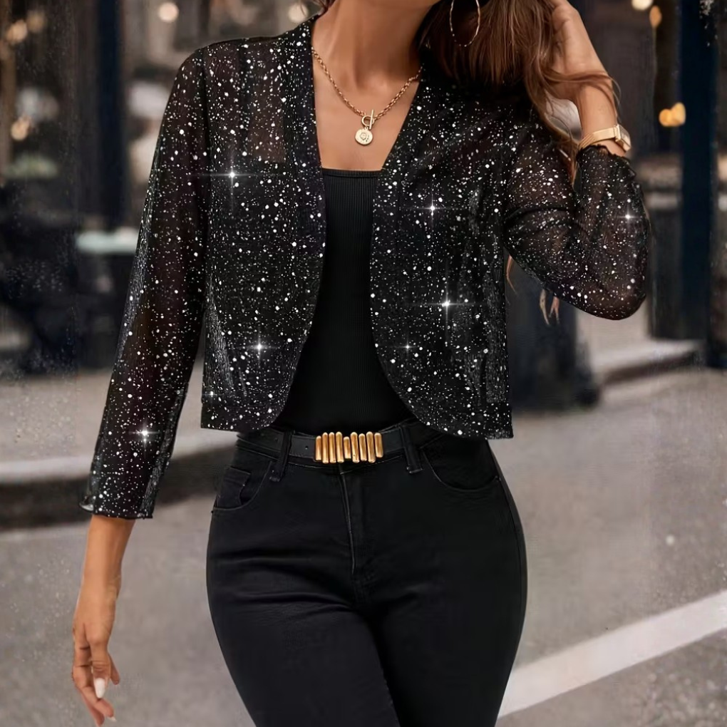 Funkelnder Cardigan Damen mit offenem Schnitt und 3/4-Ärmeln für festliche Anlässe - 2 - Annoboutique