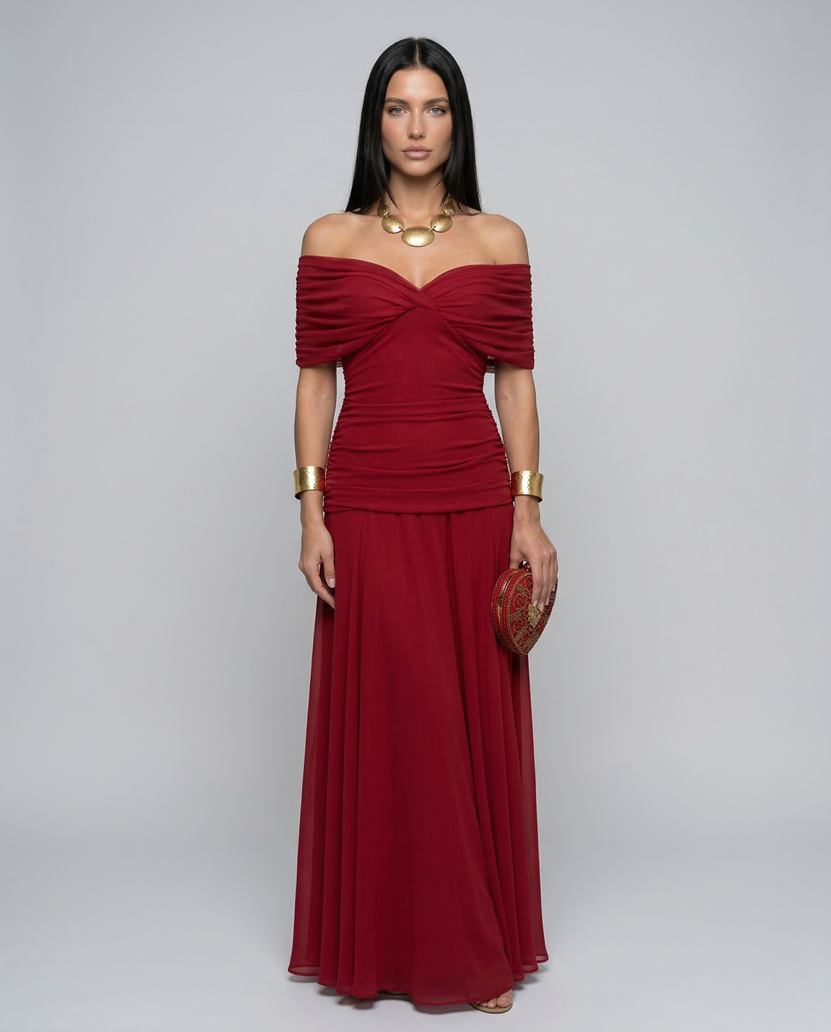 Abendkleid Damen mit Wickeldetail und schulterfreiem Ausschnitt - 1 - Annoboutique