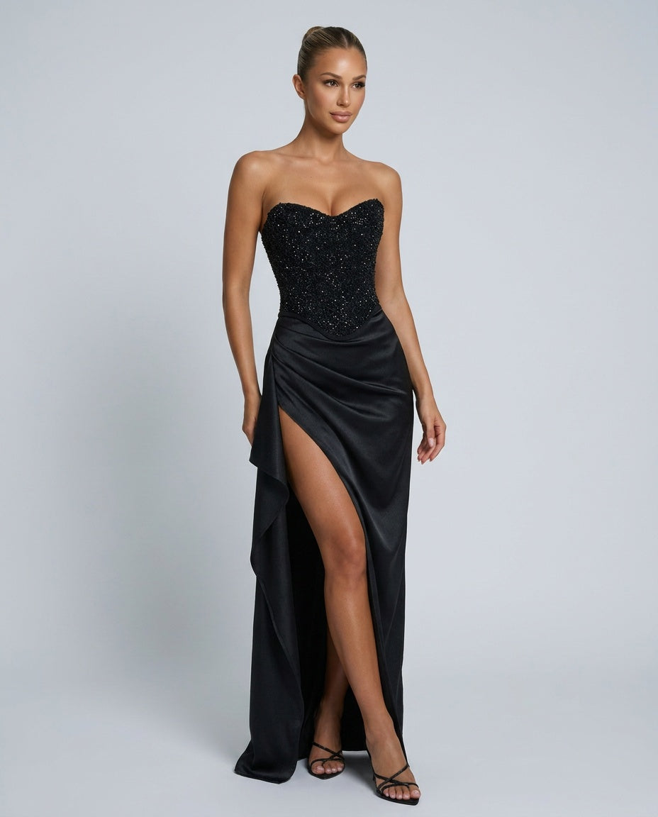 Abendkleid Damen mit Corsagen-Oberteil und hohem Schlitz - 1 - Annoboutique