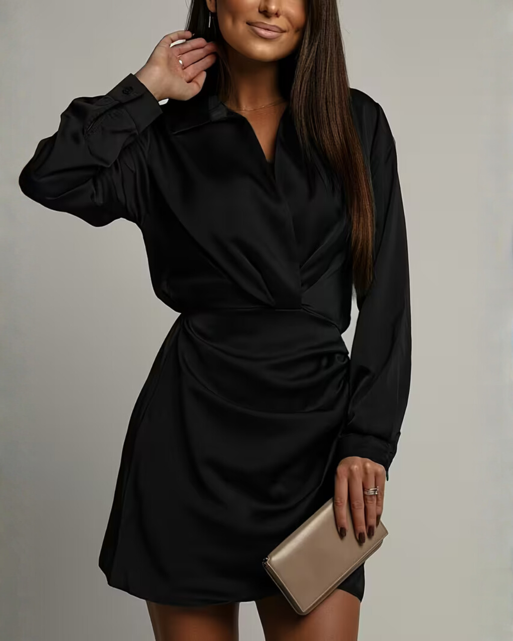 Wickelkleid Damen mit V-Ausschnitt und langen Ärmeln, figurbetont - 8 - Annoboutique