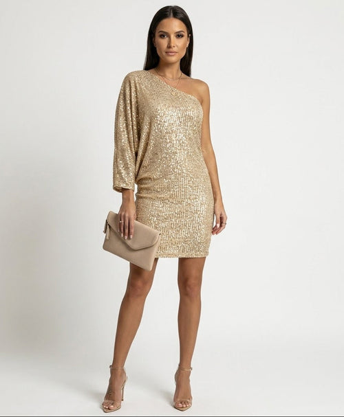Abendkleid Damen mit einseitigem Schnitt und schimmerndem Design - 1 - Annoboutique